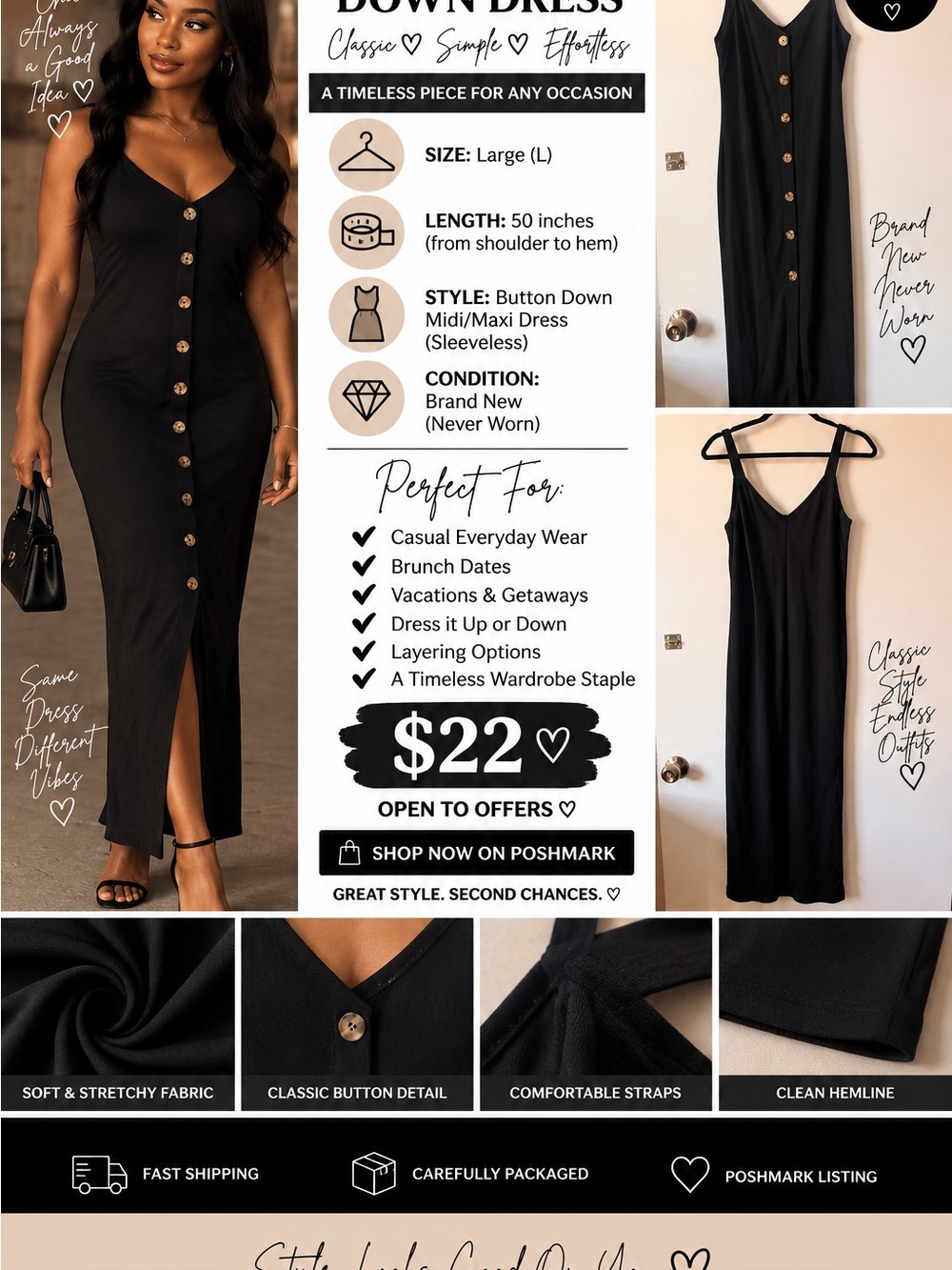 Sleeveless Black Button-Down Midi Dress - Classic V-Neck